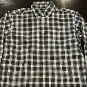 Ralph Lauren, Boys XL (18-20) button-down Oxford shirt, plaid navy, white.